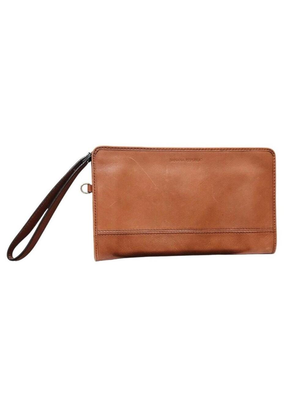 (RB) Banana Republic Parkside Wallet Cognac Leather Clutch Bag Gold Hardware Zip